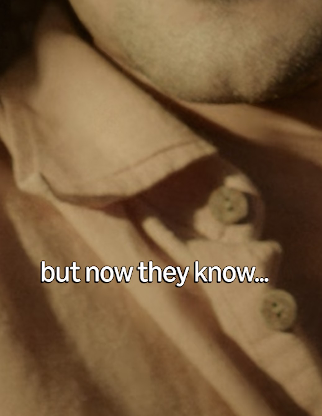 A Reel frame zoomed right in on the subtitle 'but now they know...' — white type with a thin black stroke and a tight black shadow